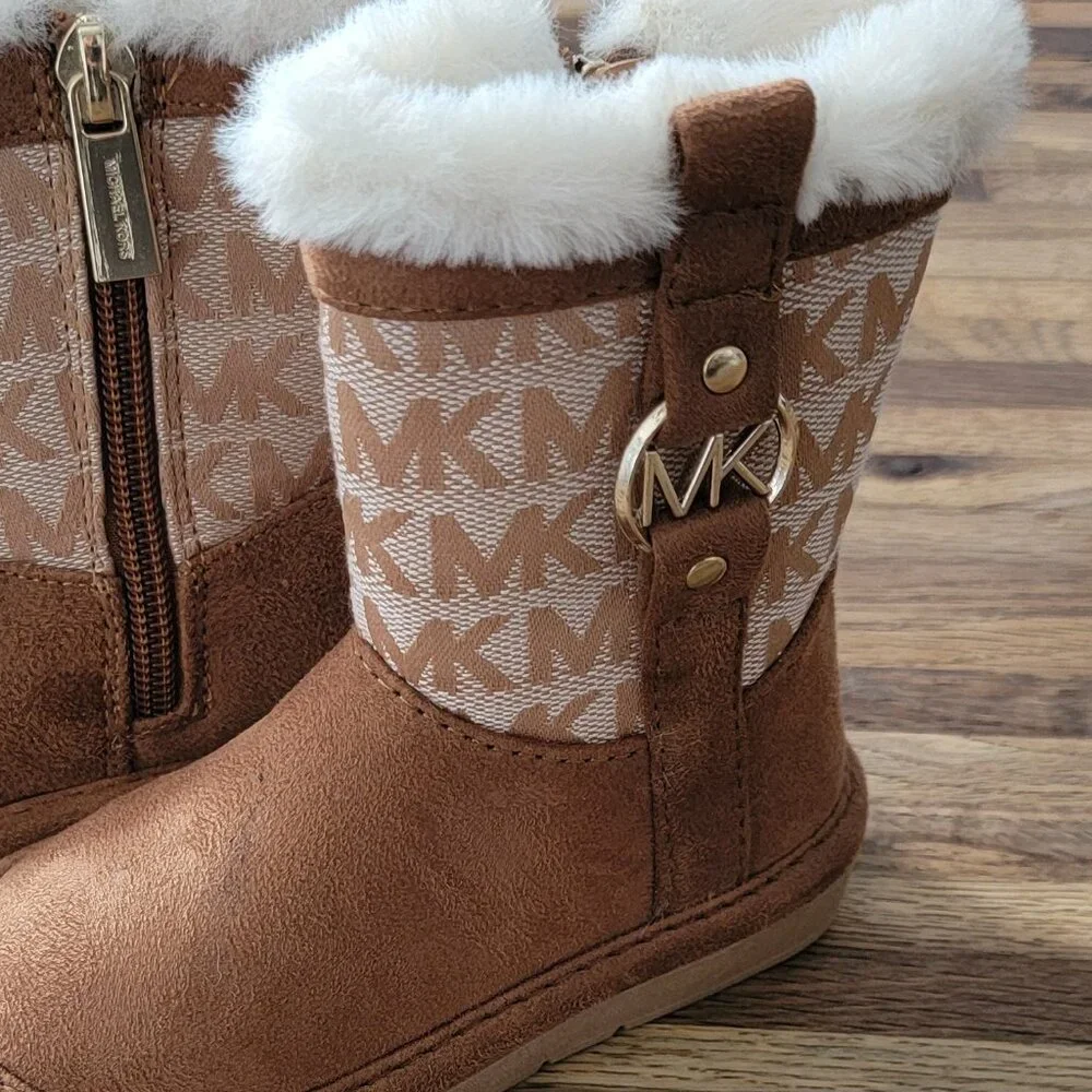 Michael Kors Yancy Girl Toddler boots featuring a brown logo print and faux fur